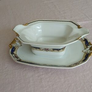 Antique Limoges porcelain navy white gold hand painted gravy boat tray la cloche